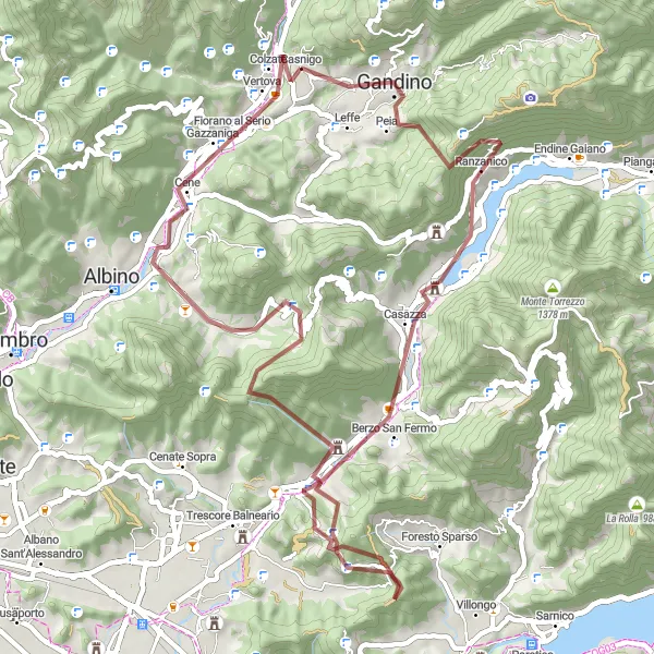 Miniatura della mappa di ispirazione al ciclismo "Tour in gravel da Casnigo a Gandino" nella regione di Lombardia, Italy. Generata da Tarmacs.app, pianificatore di rotte ciclistiche