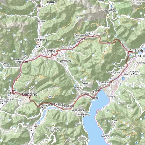 Miniatua del mapa de inspiración ciclista "Ruta de Grava desde Casnigo a Cazzano Sant'Andrea" en Lombardia, Italy. Generado por Tarmacs.app planificador de rutas ciclistas