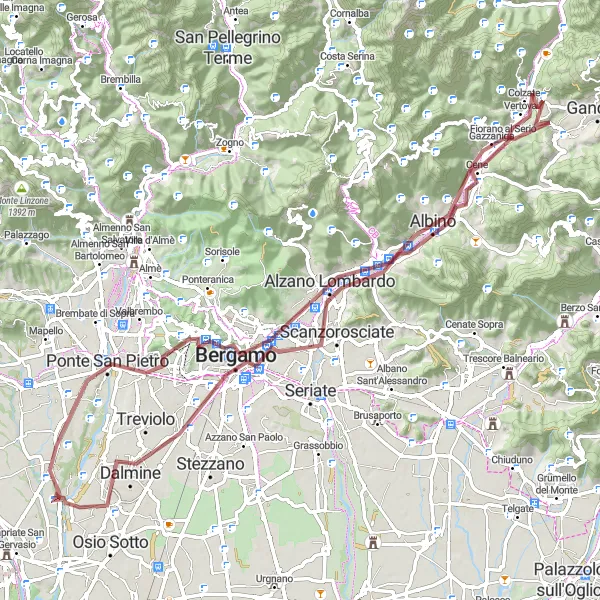 Miniatura della mappa di ispirazione al ciclismo "Tour gravel da Casnigo a Alzano Lombardo" nella regione di Lombardia, Italy. Generata da Tarmacs.app, pianificatore di rotte ciclistiche