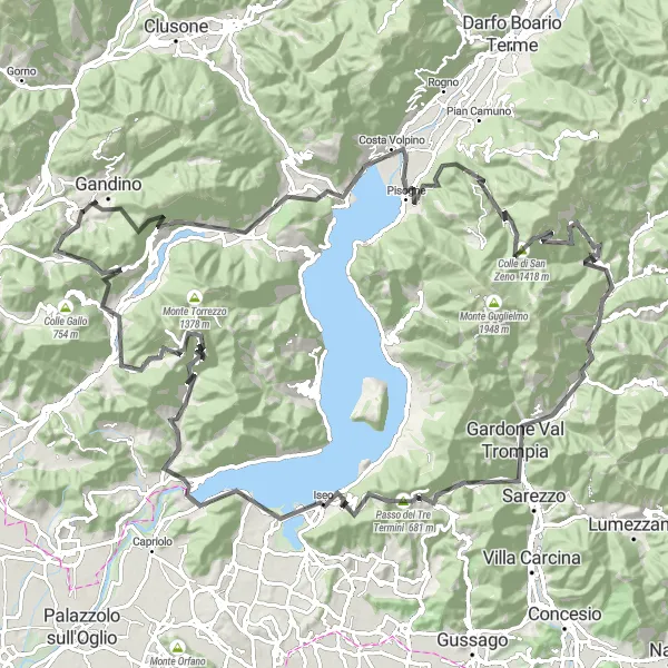 Kartminiatyr av "Episk Fjellutforsking fra Gandino til Iseo" sykkelinspirasjon i Lombardia, Italy. Generert av Tarmacs.app sykkelrutoplanlegger