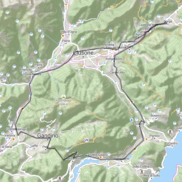 Zemljevid v pomanjšavi "Razgibana vožnja po Alpah in jezeru Iseo" kolesarske inspiracije v Lombardia, Italy. Generirano z načrtovalcem kolesarskih poti Tarmacs.app