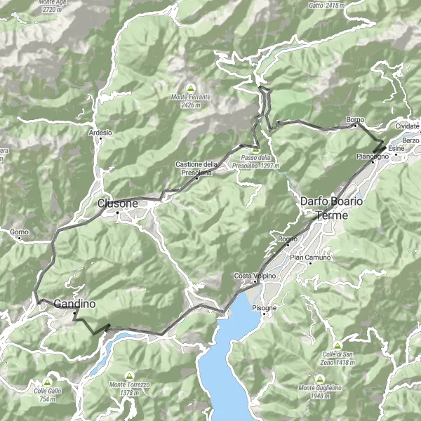 Zemljevid v pomanjšavi "Pot do Passo della Presolana" kolesarske inspiracije v Lombardia, Italy. Generirano z načrtovalcem kolesarskih poti Tarmacs.app