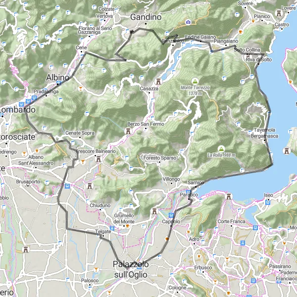 Karttaminiaatyyri "Haastava maantiekiertue Casnigon lähistöllä" pyöräilyinspiraatiosta alueella Lombardia, Italy. Luotu Tarmacs.app pyöräilyreittisuunnittelijalla