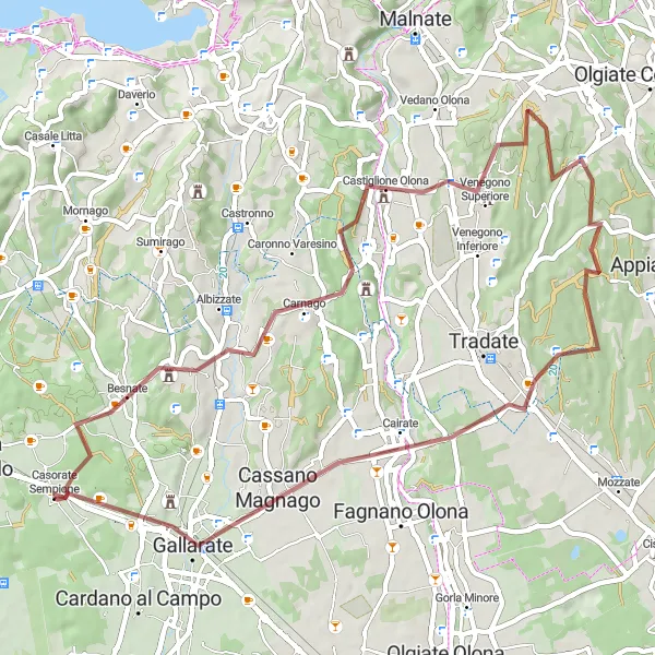 Miniatua del mapa de inspiración ciclista "Ruta de Grava Carnago - Monte Marino" en Lombardia, Italy. Generado por Tarmacs.app planificador de rutas ciclistas