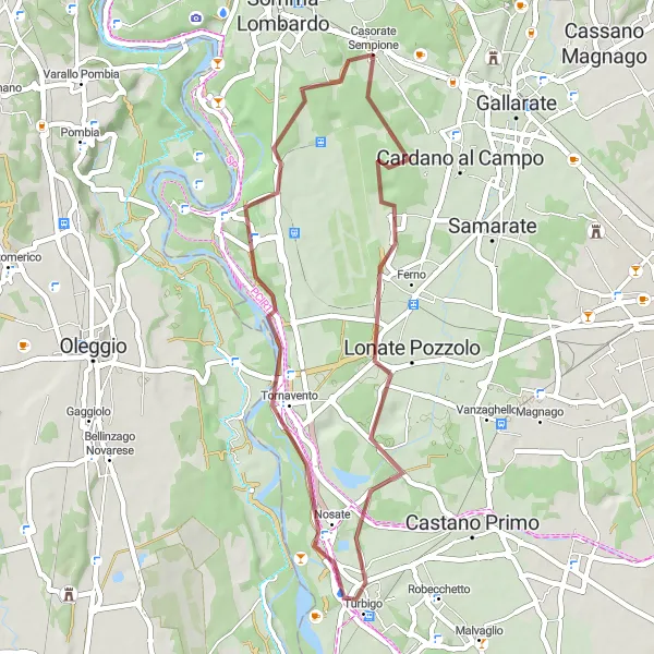 Karttaminiaatyyri "Kulttuurimatka Ferno-Turbigo -reitillä" pyöräilyinspiraatiosta alueella Lombardia, Italy. Luotu Tarmacs.app pyöräilyreittisuunnittelijalla