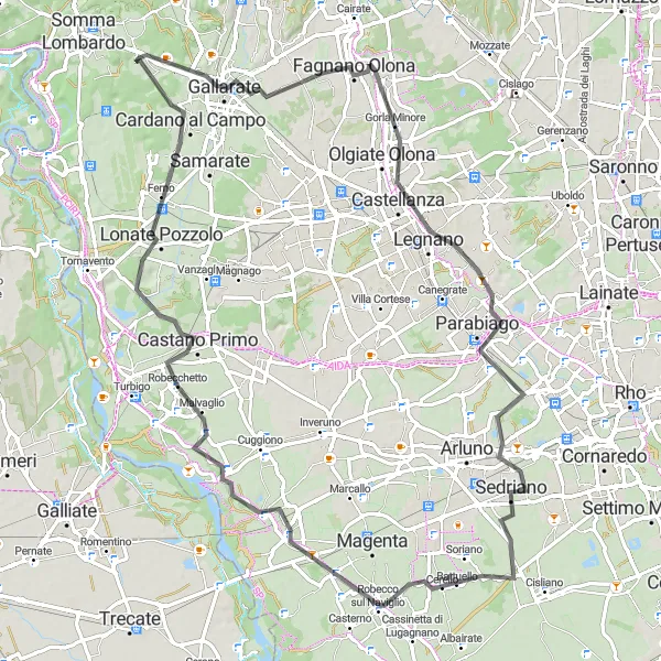 Miniatura della mappa di ispirazione al ciclismo "Circuito ciclistico tra Bernate e Gorla" nella regione di Lombardia, Italy. Generata da Tarmacs.app, pianificatore di rotte ciclistiche