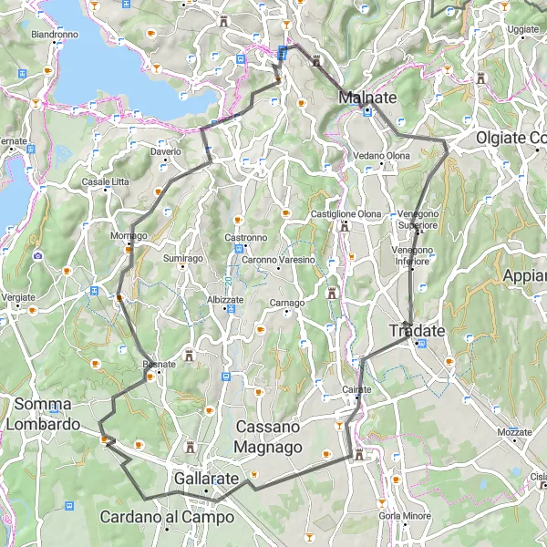Map miniature of "The Road to Adventure" cycling inspiration in Lombardia, Italy. Generated by Tarmacs.app cycling route planner