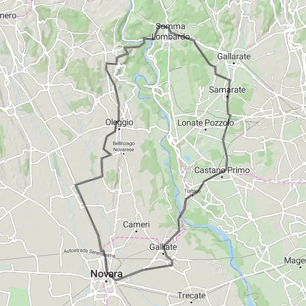 Kartminiatyr av "Oppdag Castano Primo og Varallo Pombia på sykkel" sykkelinspirasjon i Lombardia, Italy. Generert av Tarmacs.app sykkelrutoplanlegger