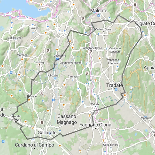 Miniatua del mapa de inspiración ciclista "Viaje en carretera desde Casorate Sempione a Cardano al Campo" en Lombardia, Italy. Generado por Tarmacs.app planificador de rutas ciclistas
