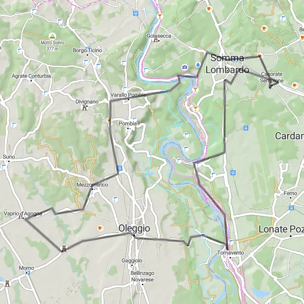 Miniatua del mapa de inspiración ciclista "Ruta Escénica hacia Arsago Seprio" en Lombardia, Italy. Generado por Tarmacs.app planificador de rutas ciclistas