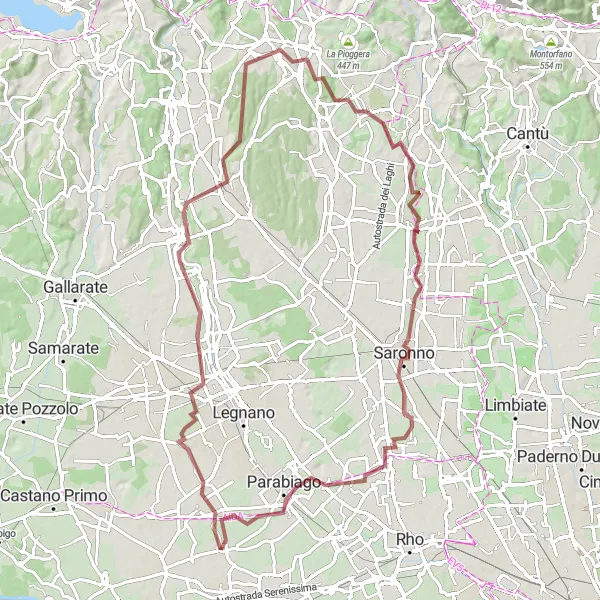 Miniature de la carte de l'inspiration cycliste "Gravel Adventure - Cairate Loop" dans la Lombardia, Italy. Générée par le planificateur d'itinéraire cycliste Tarmacs.app