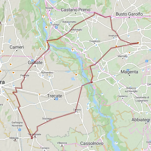 Miniatura della mappa di ispirazione al ciclismo "Giro Gravel da Casorezzo" nella regione di Lombardia, Italy. Generata da Tarmacs.app, pianificatore di rotte ciclistiche