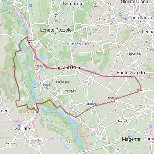 Miniatura della mappa di ispirazione al ciclismo "Giro Gravel tra Cascine e Borghi" nella regione di Lombardia, Italy. Generata da Tarmacs.app, pianificatore di rotte ciclistiche