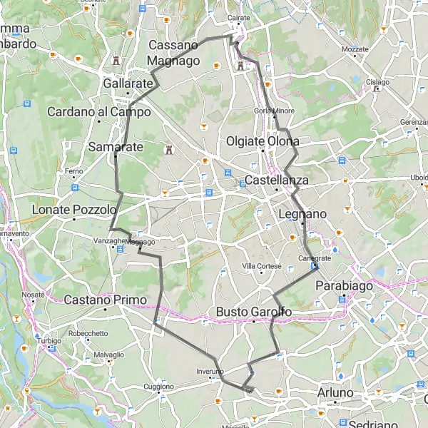 Kartminiatyr av "Kort landeveistur til Cairate" sykkelinspirasjon i Lombardia, Italy. Generert av Tarmacs.app sykkelrutoplanlegger