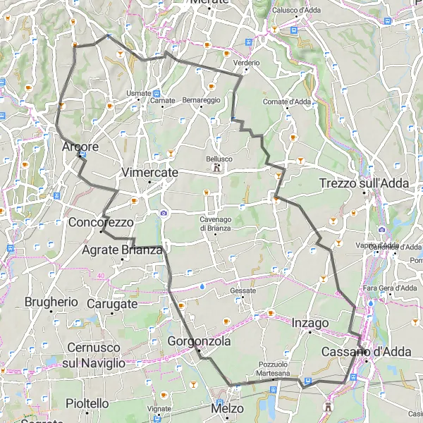 Mapa miniatúra "Okruh do okolia Cassano d'Adda" cyklistická inšpirácia v Lombardia, Italy. Vygenerované cyklistickým plánovačom trás Tarmacs.app
