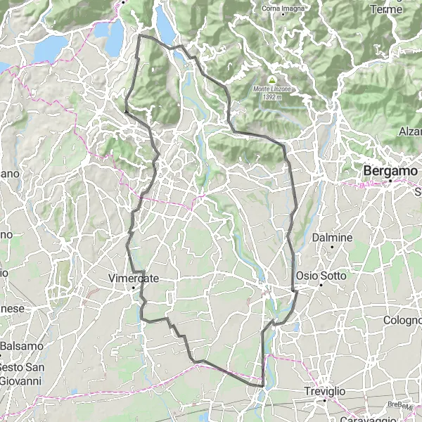 Miniatuurkaart van de fietsinspiratie "Bergachtige Road Route naar Cassano d'Adda" in Lombardia, Italy. Gemaakt door de Tarmacs.app fietsrouteplanner