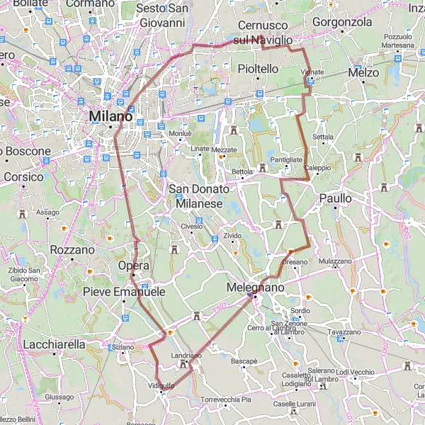 Miniatua del mapa de inspiración ciclista "Ruta de grava por Cassina de' Pecchi y Vimodrone" en Lombardia, Italy. Generado por Tarmacs.app planificador de rutas ciclistas