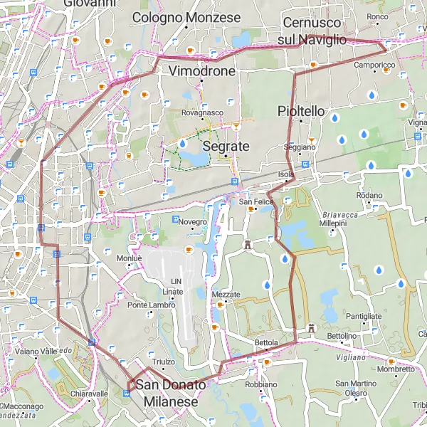 Miniaturní mapa "Gravelová jízda kolem Cassina de' Pecchi a San Donato Milanese" inspirace pro cyklisty v oblasti Lombardia, Italy. Vytvořeno pomocí plánovače tras Tarmacs.app