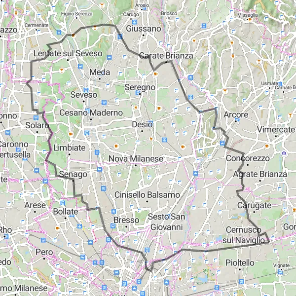Kartminiatyr av "Landsväg till Albiate" cykelinspiration i Lombardia, Italy. Genererad av Tarmacs.app cykelruttplanerare