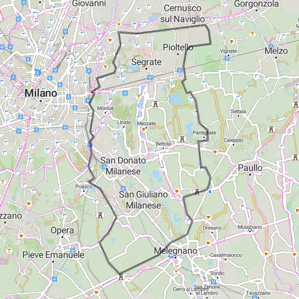 Map miniature of "Pioltello to Chiaravalle Countryside Road Ride" cycling inspiration in Lombardia, Italy. Generated by Tarmacs.app cycling route planner