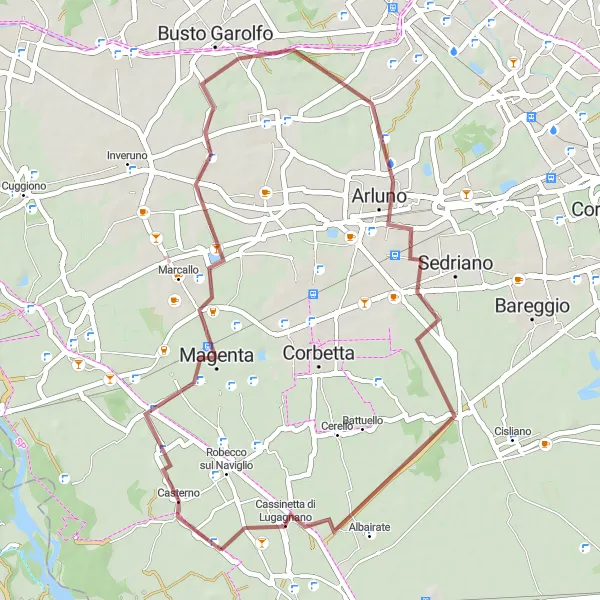 Miniaturní mapa "Gravel trať okolo Cassinetta di Lugagnano" inspirace pro cyklisty v oblasti Lombardia, Italy. Vytvořeno pomocí plánovače tras Tarmacs.app