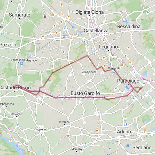 Mapa miniatúra "Zaujímavý gravel okruh od Castano Primo" cyklistická inšpirácia v Lombardia, Italy. Vygenerované cyklistickým plánovačom trás Tarmacs.app