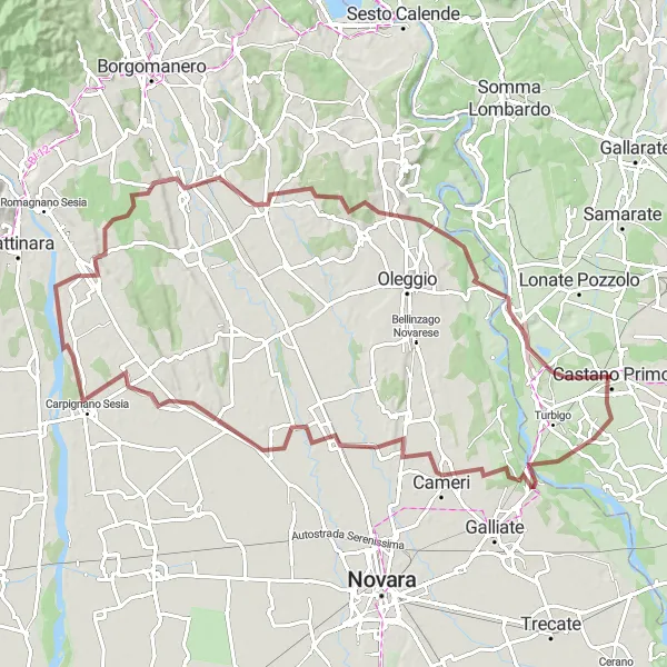 Mapa miniatúra "Okruh na štýl gravel v blízkosti mesta Castano Primo" cyklistická inšpirácia v Lombardia, Italy. Vygenerované cyklistickým plánovačom trás Tarmacs.app