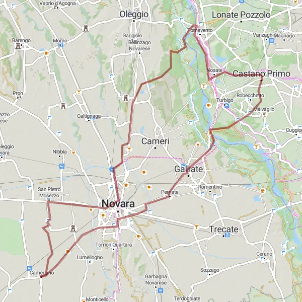Map miniature of "Gravel Adventure from Castano Primo to Novara" cycling inspiration in Lombardia, Italy. Generated by Tarmacs.app cycling route planner
