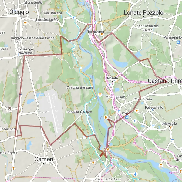 Mapa miniatúra "Gravelový okruh Turbigo - Castano Primo" cyklistická inšpirácia v Lombardia, Italy. Vygenerované cyklistickým plánovačom trás Tarmacs.app