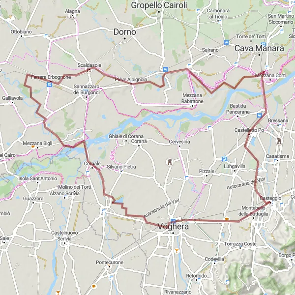Zemljevid v pomanjšavi "Pustolovščina po makadamskih cestah okoli Casteggia" kolesarske inspiracije v Lombardia, Italy. Generirano z načrtovalcem kolesarskih poti Tarmacs.app