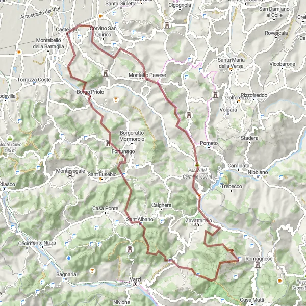 Miniatua del mapa de inspiración ciclista "Ruta de ciclismo de grava desde Casteggio" en Lombardia, Italy. Generado por Tarmacs.app planificador de rutas ciclistas