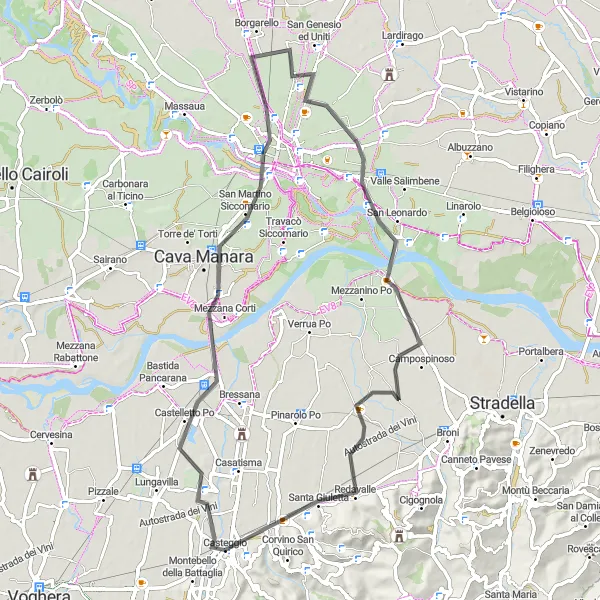 Miniatua del mapa de inspiración ciclista "Ruta de ciclismo de carretera hacia Pavia y Casteggio" en Lombardia, Italy. Generado por Tarmacs.app planificador de rutas ciclistas