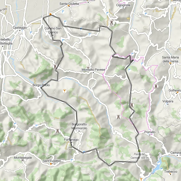 Kartminiatyr av "Oppdag Borgo Priolo og Fortunago på sykkel" sykkelinspirasjon i Lombardia, Italy. Generert av Tarmacs.app sykkelrutoplanlegger