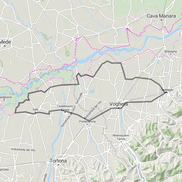Miniatua del mapa de inspiración ciclista "Ruta de Ciclismo de Carretera de Casteggio" en Lombardia, Italy. Generado por Tarmacs.app planificador de rutas ciclistas