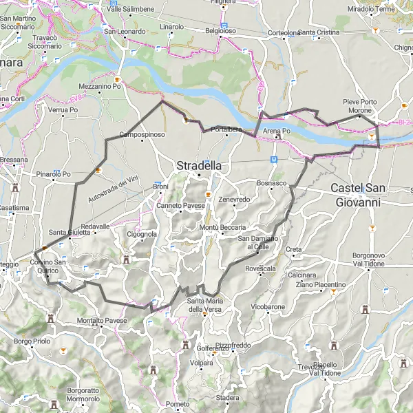 Map miniature of "Oltrepò Pavese Challenge" cycling inspiration in Lombardia, Italy. Generated by Tarmacs.app cycling route planner