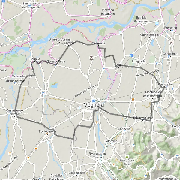 Kartminiatyr av "Scenic Naturtour til Castelnuovo Scrivia" sykkelinspirasjon i Lombardia, Italy. Generert av Tarmacs.app sykkelrutoplanlegger