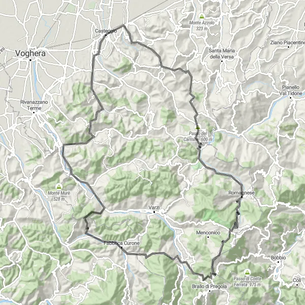 Miniatua del mapa de inspiración ciclista "Ruta de ciclismo de carretera desde Casteggio" en Lombardia, Italy. Generado por Tarmacs.app planificador de rutas ciclistas