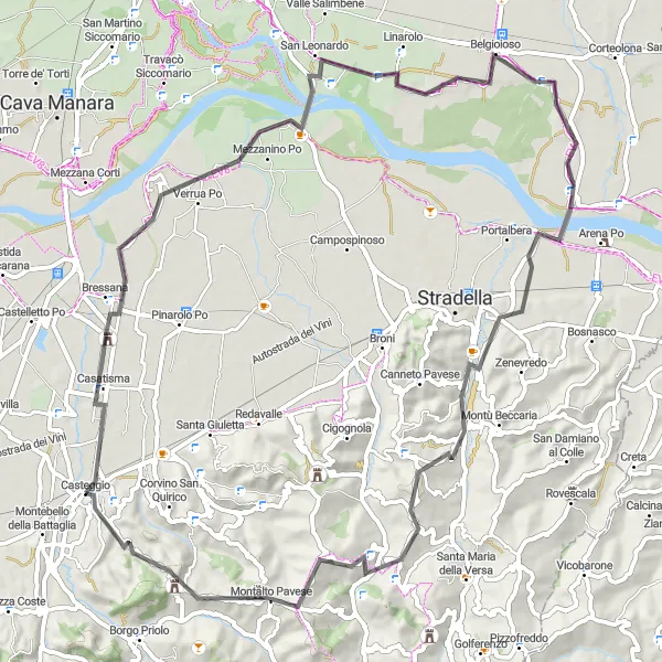 Miniatuurkaart van de fietsinspiratie "Historische ontdekkingstocht bij Casteggio" in Lombardia, Italy. Gemaakt door de Tarmacs.app fietsrouteplanner