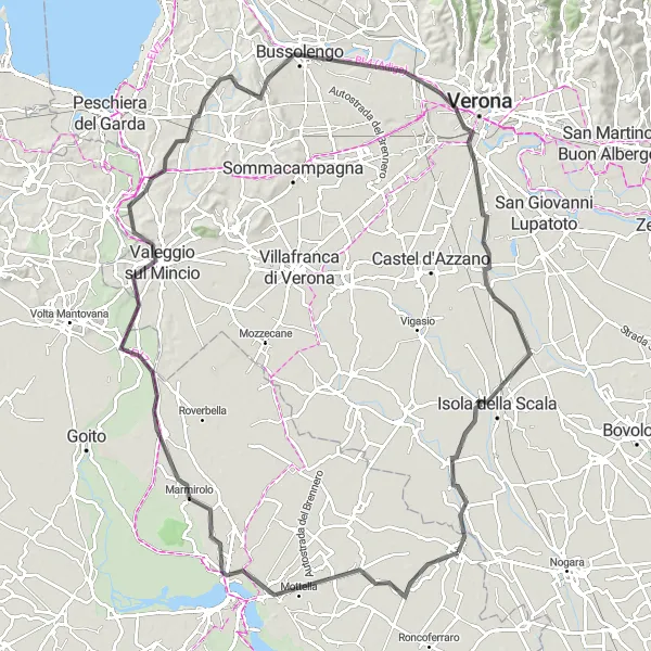 Miniature de la carte de l'inspiration cycliste "Parcours pittoresque le long de Mincio" dans la Lombardia, Italy. Générée par le planificateur d'itinéraire cycliste Tarmacs.app
