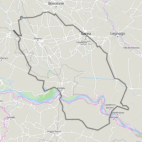 Miniaturní mapa "Kolo okolo Cerea - Serravalle a Po" inspirace pro cyklisty v oblasti Lombardia, Italy. Vytvořeno pomocí plánovače tras Tarmacs.app