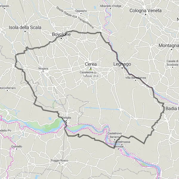 Miniaturní mapa "Okružní cyklotrasa Castel d'Ario - Salizzole - Angiari - Castelnovo Bariano - Ostiglia" inspirace pro cyklisty v oblasti Lombardia, Italy. Vytvořeno pomocí plánovače tras Tarmacs.app