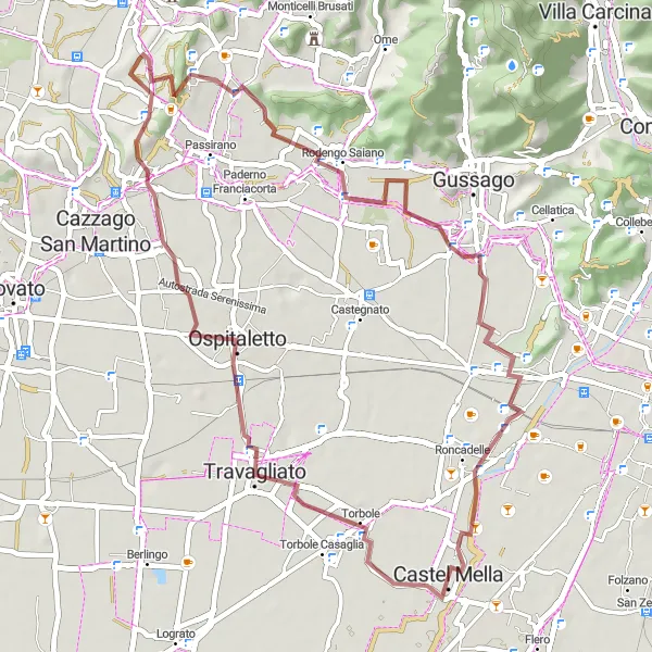 Mapa miniatúra "Gravel Route around Castel Mella" cyklistická inšpirácia v Lombardia, Italy. Vygenerované cyklistickým plánovačom trás Tarmacs.app