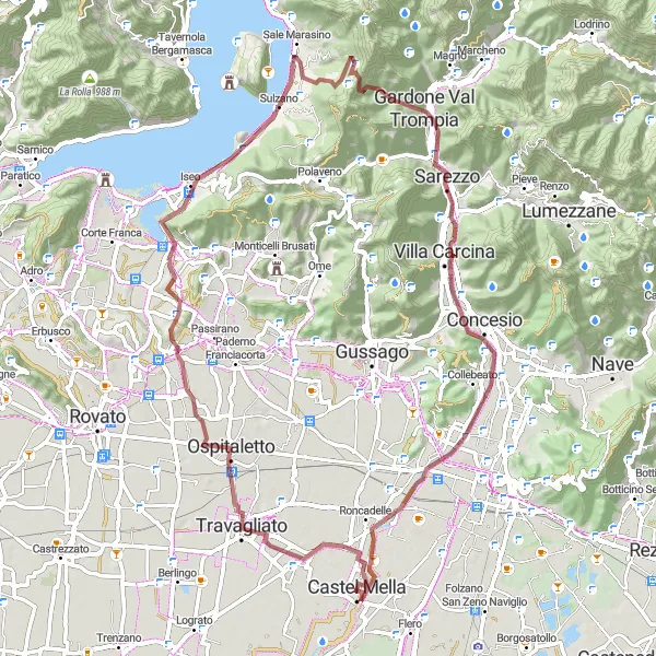 Miniaturní mapa "Gravelová cyklistická trasa okolo Castel Mella" inspirace pro cyklisty v oblasti Lombardia, Italy. Vytvořeno pomocí plánovače tras Tarmacs.app