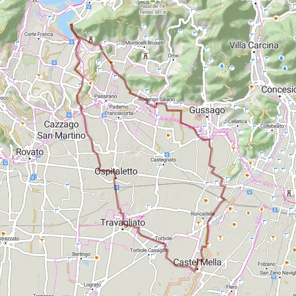 Mapa miniatúra "Gravelový okruh cez Travagliato a Monte Pollo" cyklistická inšpirácia v Lombardia, Italy. Vygenerované cyklistickým plánovačom trás Tarmacs.app