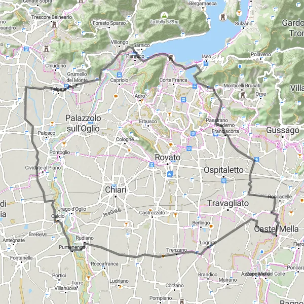 Karttaminiaatyyri "Vuoristoreitti Pumenengoon ja Passiranoon" pyöräilyinspiraatiosta alueella Lombardia, Italy. Luotu Tarmacs.app pyöräilyreittisuunnittelijalla