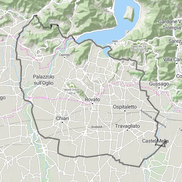 Map miniature of "The Hill Hopper" cycling inspiration in Lombardia, Italy. Generated by Tarmacs.app cycling route planner