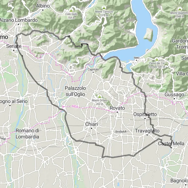 Mapa miniatúra "Okruh cez Trenzano, Mornico al Serio a Montecolombo" cyklistická inšpirácia v Lombardia, Italy. Vygenerované cyklistickým plánovačom trás Tarmacs.app