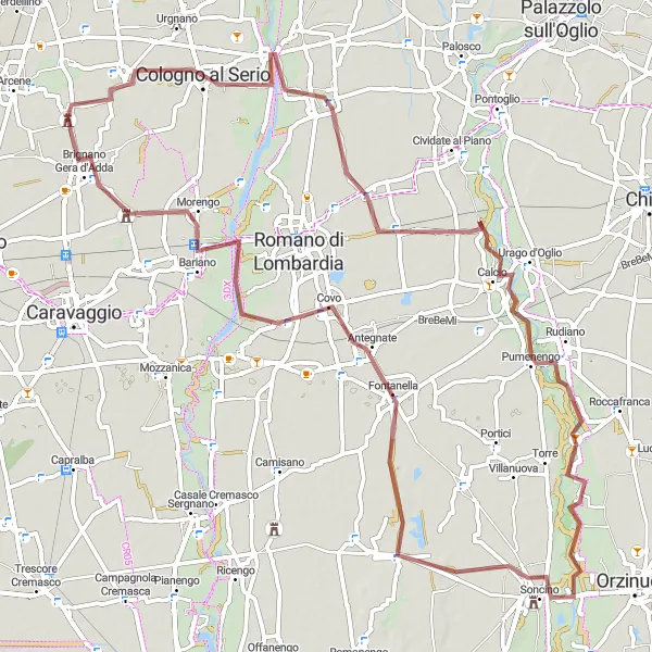 Miniaturní mapa "Gravelová trasa kolem Castel Rozzone" inspirace pro cyklisty v oblasti Lombardia, Italy. Vytvořeno pomocí plánovače tras Tarmacs.app