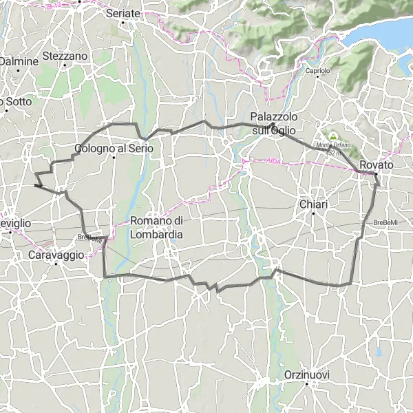 Map miniature of "Castel Rozzone - Urgnano - Cologne - Monte Orfano - Pumenengo - Pagazzano Road Cycling Route" cycling inspiration in Lombardia, Italy. Generated by Tarmacs.app cycling route planner