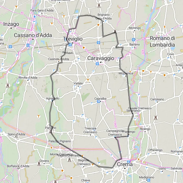 Mapa miniatúra "Okolo Castel Rozzone" cyklistická inšpirácia v Lombardia, Italy. Vygenerované cyklistickým plánovačom trás Tarmacs.app